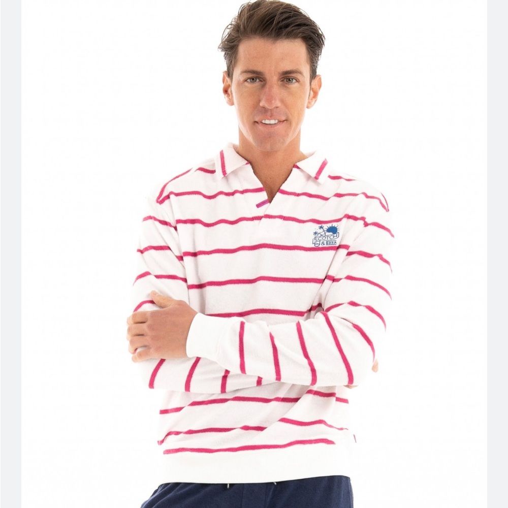 SCOTCH&SODA Towelling V-Neck white long sleeve Sweater  pink stripes size L